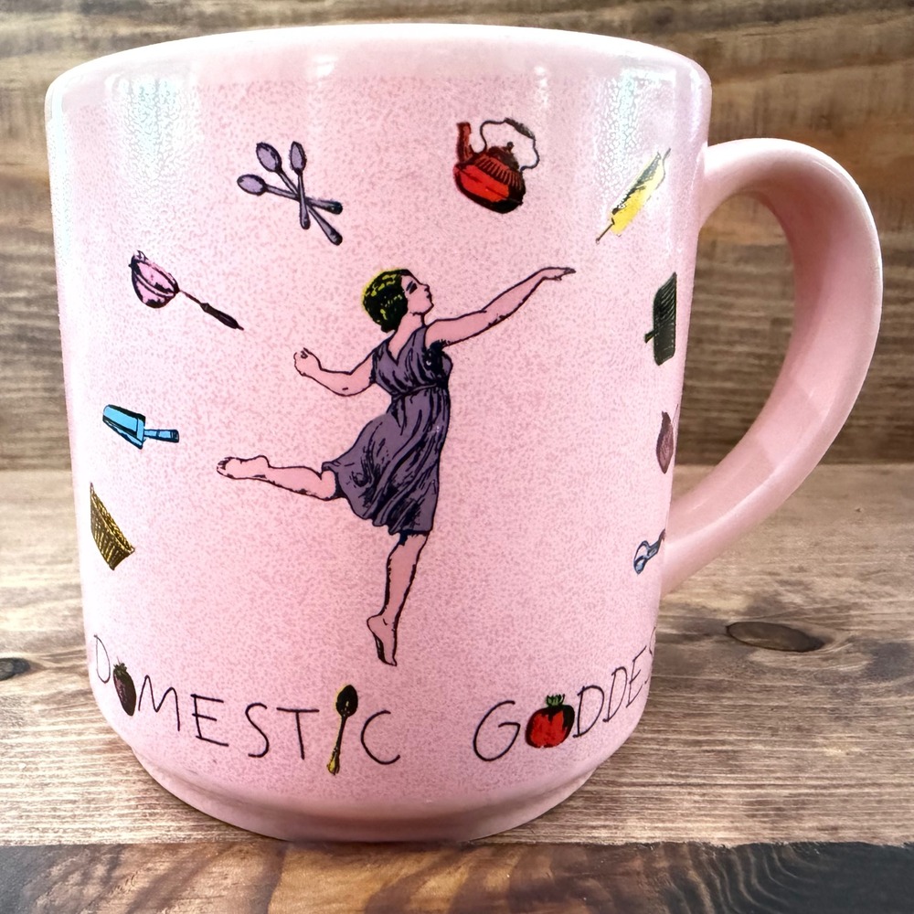 Domestic Goddess Pink Ceramic Coffee Mug Whimsical Kitchen Graphic